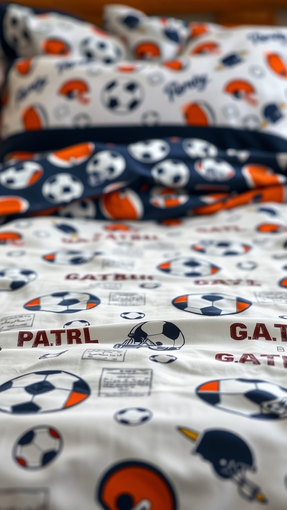 Football-themed bedding set featuring soccer balls and helmets