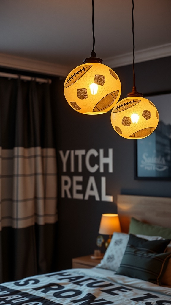 Football-themed lighting fixtures in a cozy bedroom setting