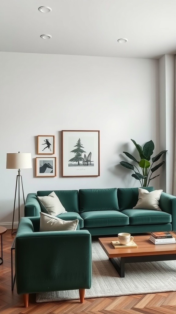 A modern living room featuring forest green furniture with a sofa and armchair, a wooden coffee table, and nature-themed artwork.