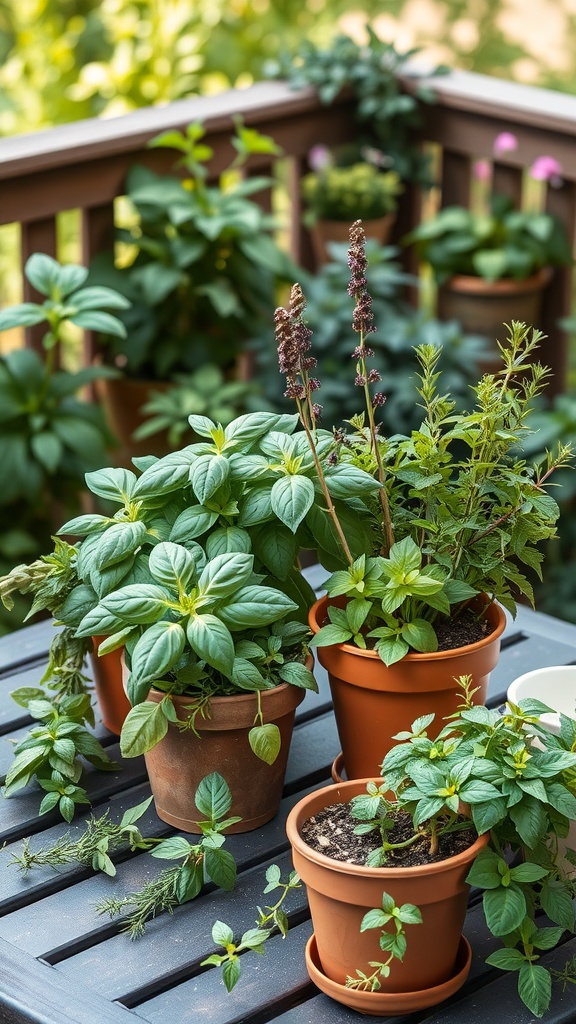 An assortment of potted fragrant herbs on a patio table, including basil, mint, and thyme.