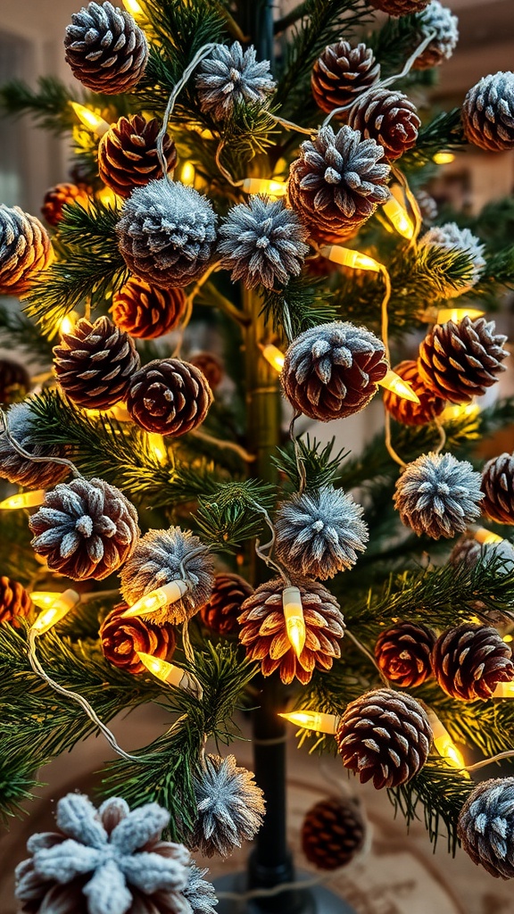 Close-up of a Christmas tree adorned with frosted pinecones and string lights.