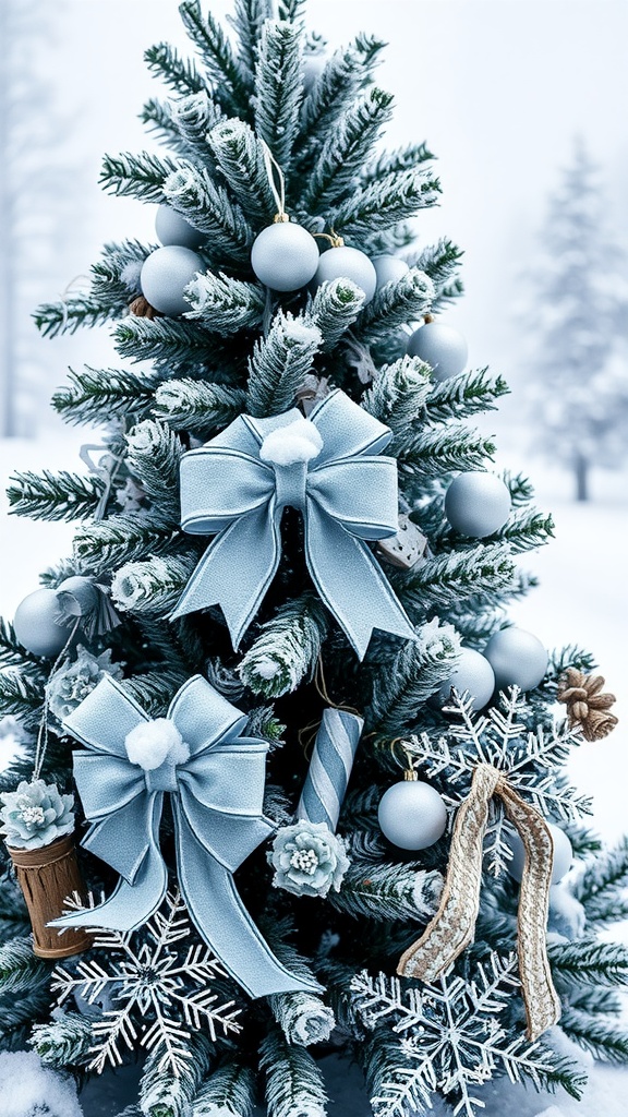 A frosted winter Christmas tree decorated with silver bows, blue ornaments, and snowflake decorations in a snowy setting.