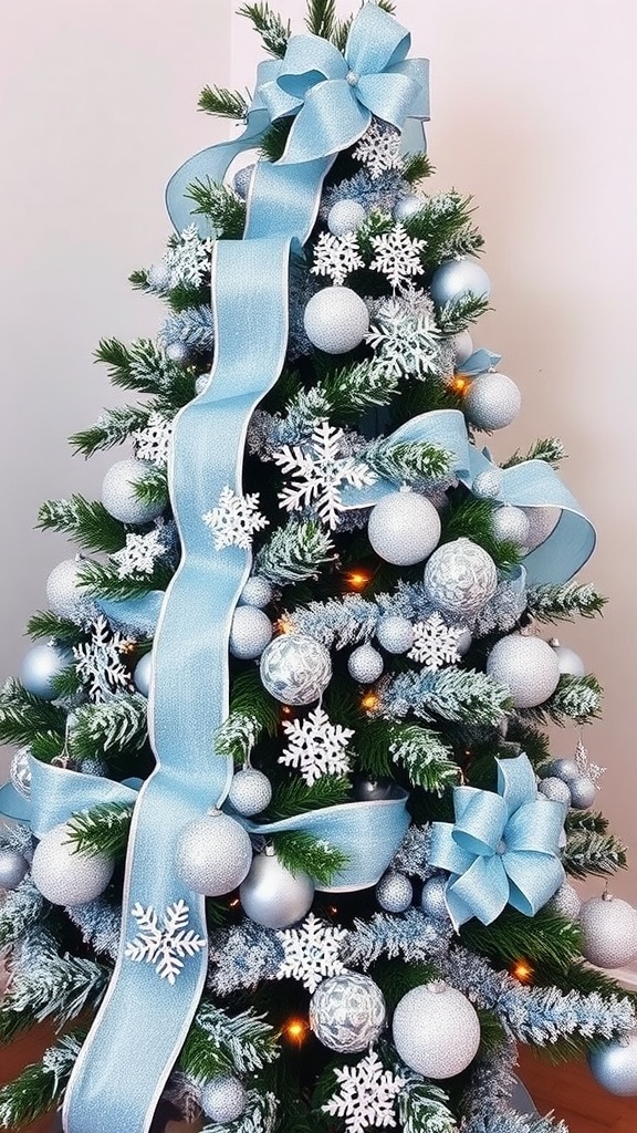 A Christmas tree decorated with silver ornaments, blue ribbon, and snowflake accents.