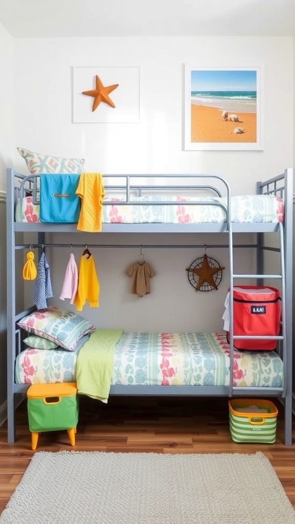 Colorful coastal-themed bunk bed with accessories and vibrant decor.