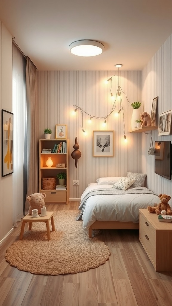 Cozy small bedroom with a bed, bookshelves, and soft lighting.