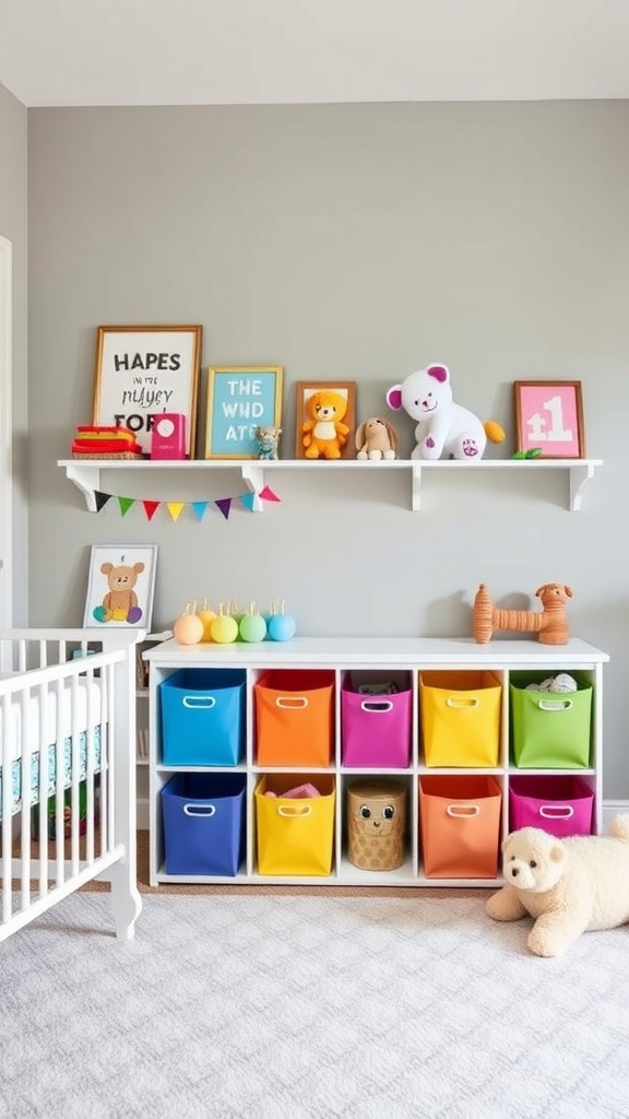 A colorful nursery with bright storage bins, a shelf with toys, and a crib.