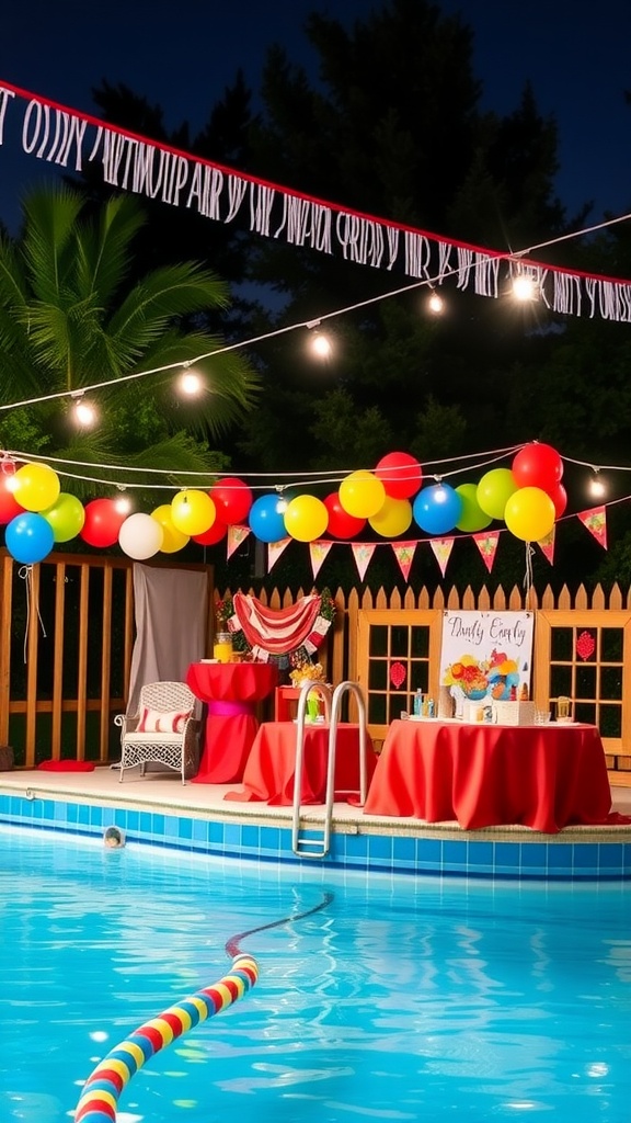 A vibrant above-ground pool party scene with colorful decorations, balloons, and festive lighting.