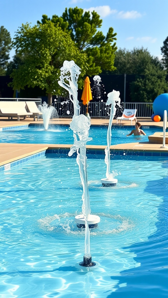 Above-ground pool area featuring water fountains and a clear blue sky.