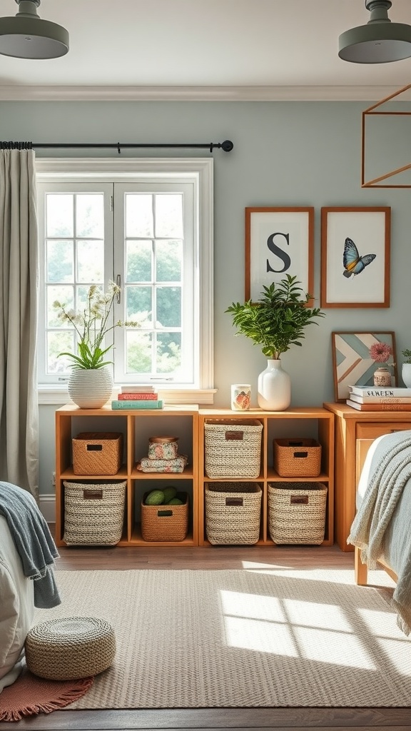 A cozy summer bedroom with wooden shelves containing woven baskets, plants, and decorative items.