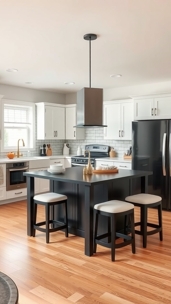 A modern black kitchen island with seating in a bright kitchen