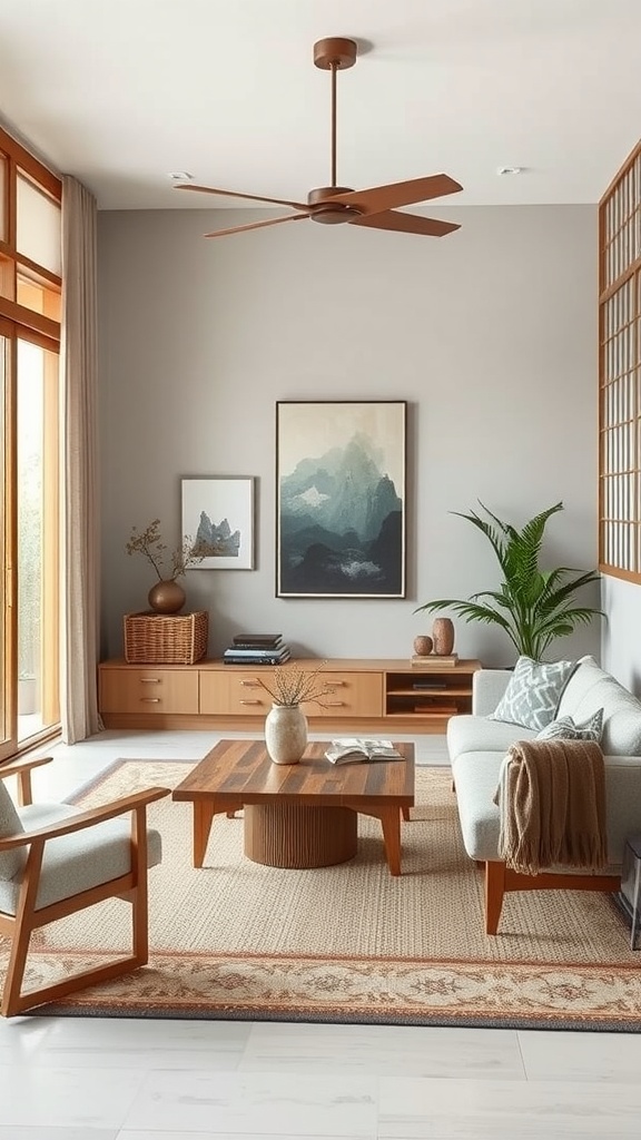 A elegantly designed Japandi living room with natural light, wooden furniture, and simple decor.