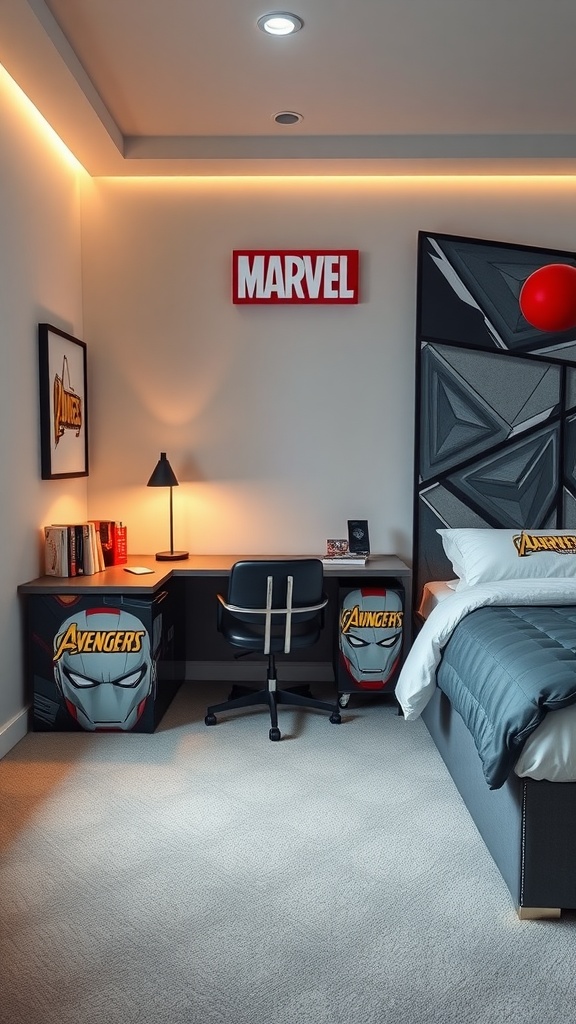 A stylish Marvel-themed bedroom featuring a desk and chair, with Avengers-themed storage, soft lighting, and a cozy bed.