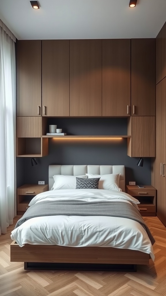 A modern cozy bedroom with functional furniture, featuring a low-profile bed with storage underneath, minimalist bedside tables, and stylish wall sconces.