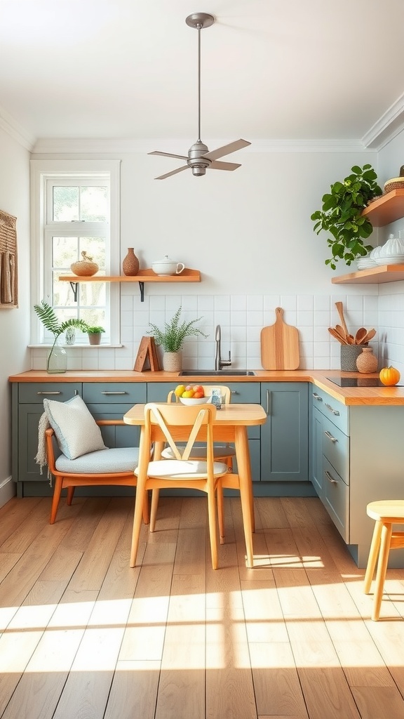 A cozy Scandinavian kitchen featuring functional furniture, light wood tones, and open shelving.