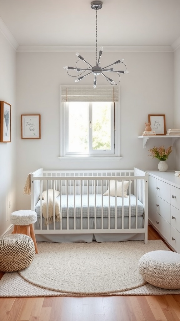 A modern nursery featuring a crib, dresser, small stools, and a round rug in a bright and cozy setting.