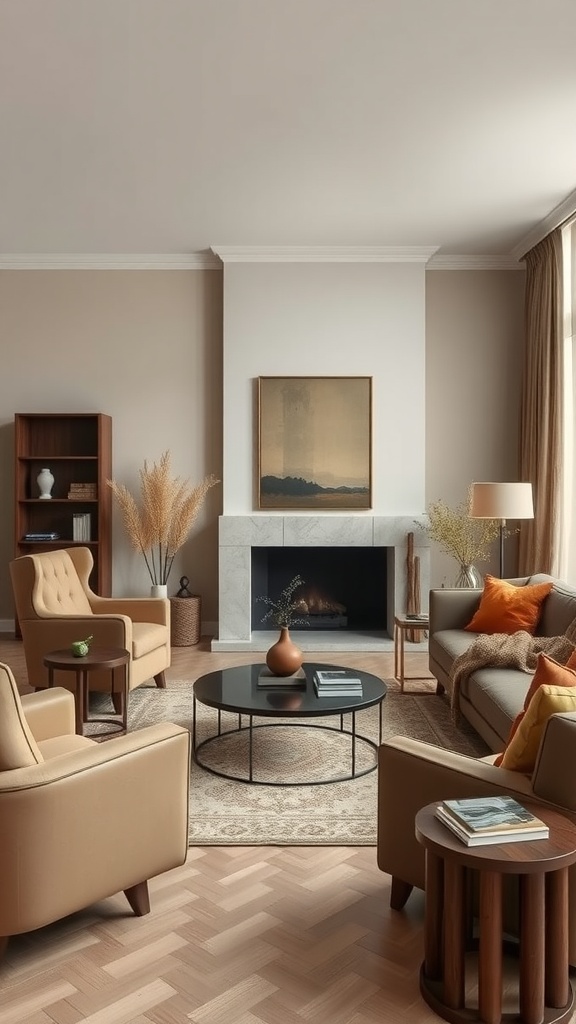 A modern living room featuring earthy toned furniture, a fireplace, and decorative plants.