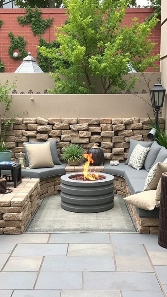 A cozy outdoor seating area featuring gabion walls, cushions, and a fire pit.