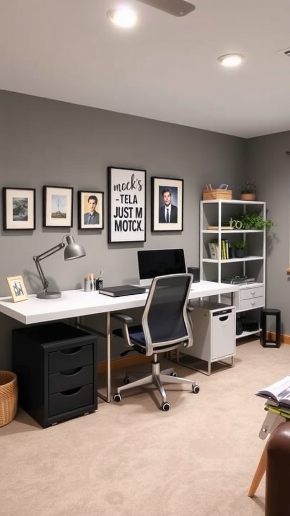 A modern basement home office setup with a white desk, ergonomic chair, and decorative wall art.