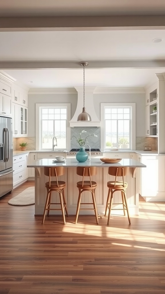 Bright coastal kitchen featuring a functional island with seating