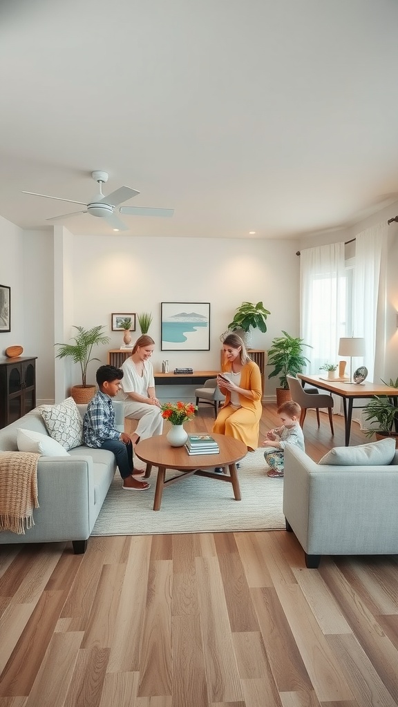 A family gathering in a well-designed living room with light-colored sofas and a central coffee table.