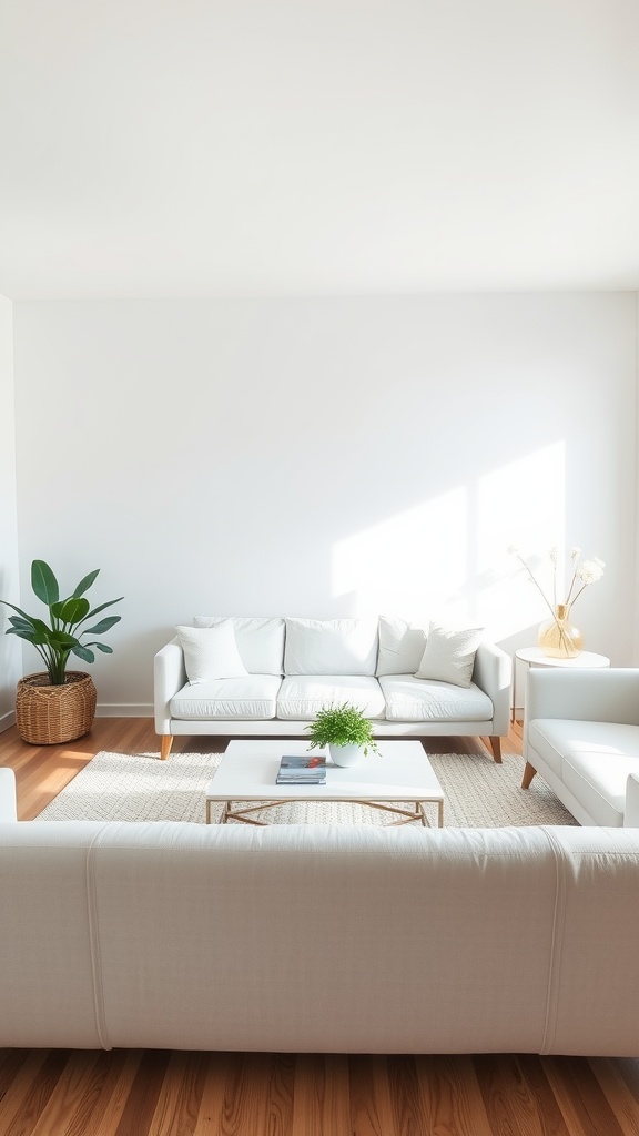 Bright living room with a white couch, wooden floor, and minimalist furniture.