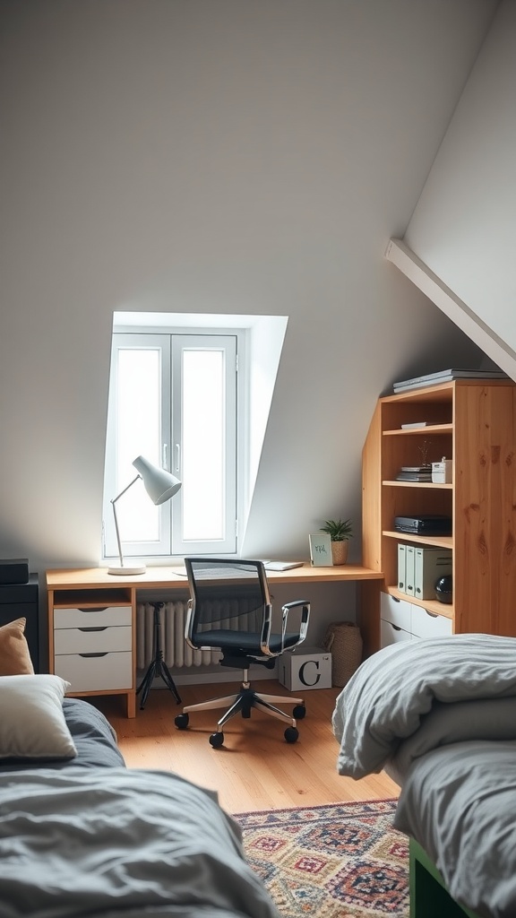 Loft office corner with a desk, chair, and storage, featuring a window and plants