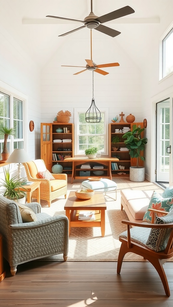 Bright and cozy farmhouse sunroom with comfortable furniture and plants