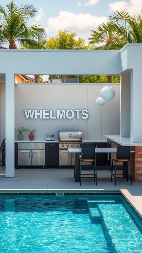 Functional outdoor kitchen by a pool featuring a grill, sink, and seating