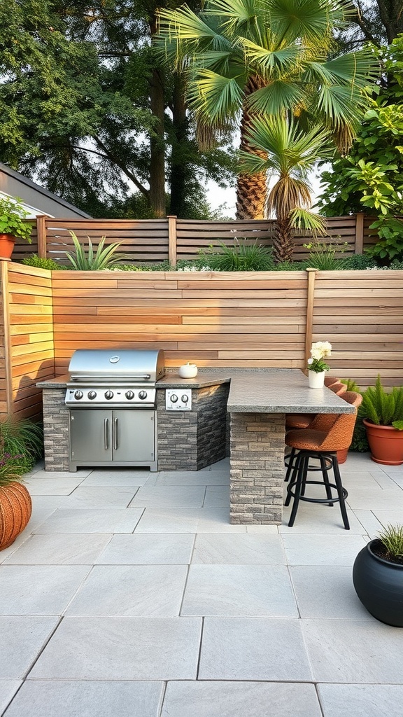 Image of an outdoor kitchen space with a grill, stone counter, and surrounding plants