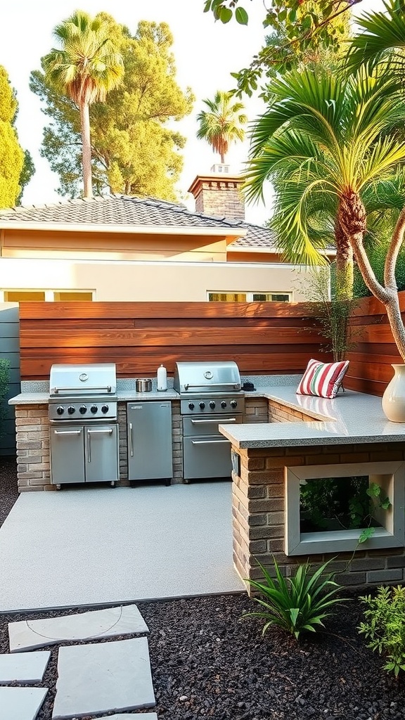 A modern outdoor kitchen with stainless steel grills and a stylish countertop, surrounded by greenery.