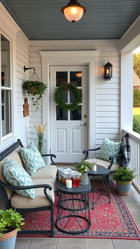 A small sitting porch with two chairs, side tables, and decorative plants.