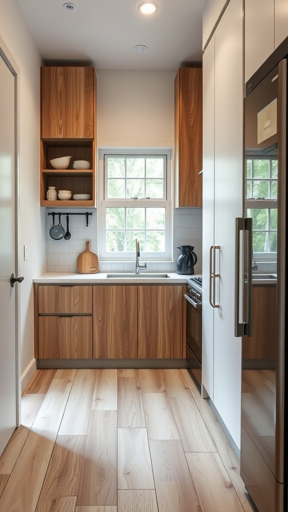 A small modern kitchen with wood cabinetry, open shelving, and a window.