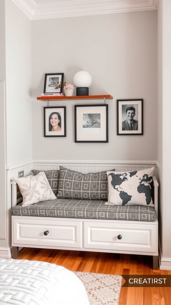 A cozy bedroom nook featuring a functional storage bench with cushions, decorative pillows, and a shelf with framed photos and a lamp.