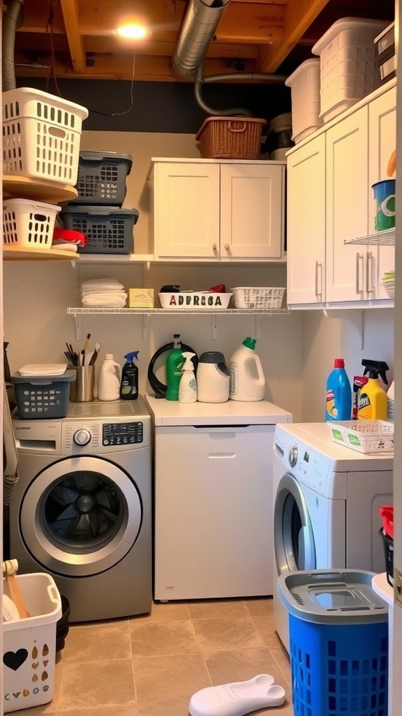 A well-organized basement laundry room with baskets, shelves, and storage cabinets.