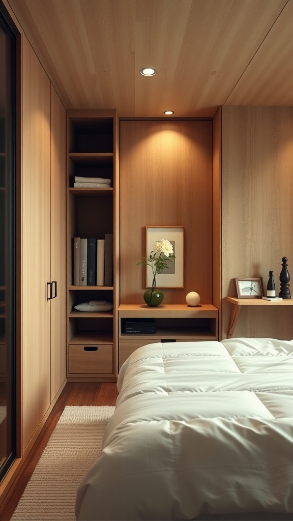 A minimalist Japanese bedroom with functional storage solutions, including shelves and drawers, creating a serene atmosphere.