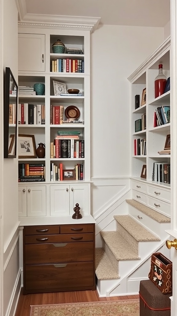 Cozy staircase nook with bookshelves and storage drawers