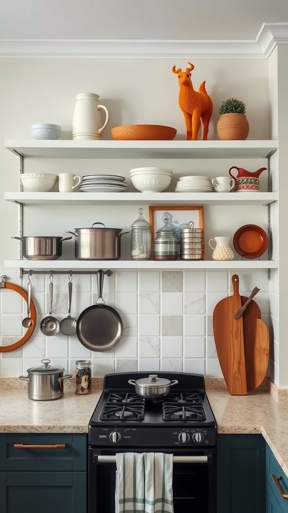 A kitchen with open shelves displaying decorative items and cookware.