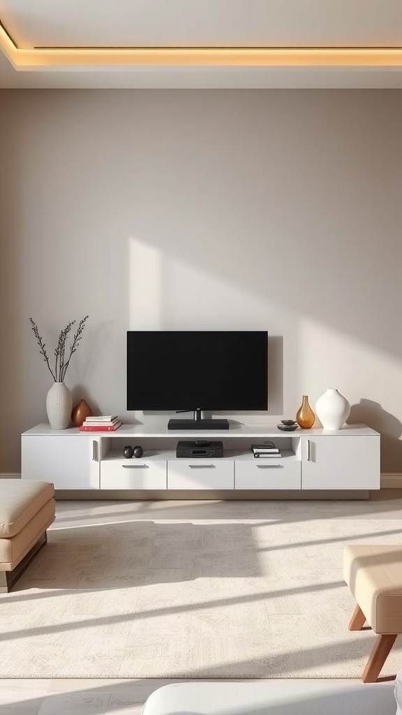 A modern white entertainment center with a TV, decorated with vases and books