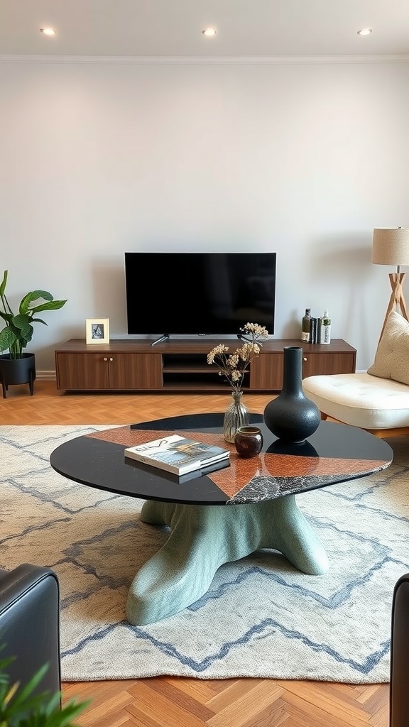 A stylish living room featuring a funky coffee table with a unique design, surrounded by modern decor.