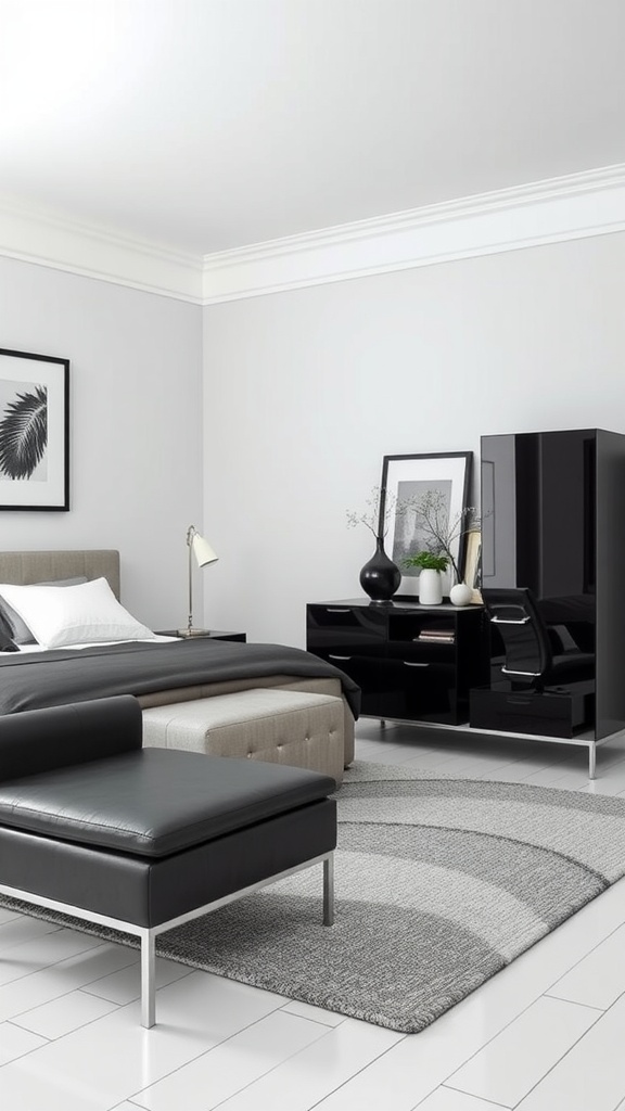 Modern black and white bedroom featuring sleek furniture and minimalist design.