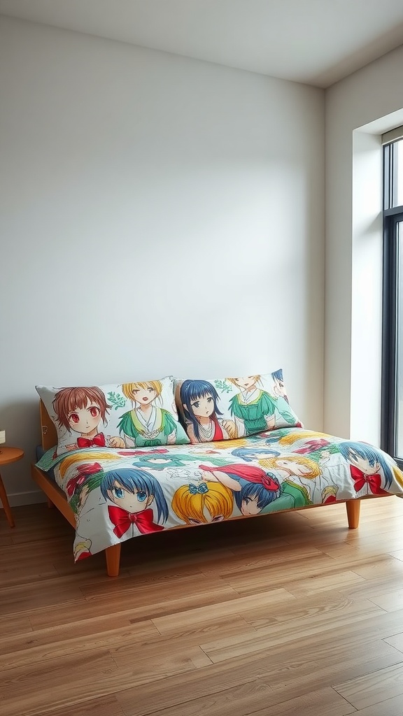 A cozy futon bed with colorful anime bedding featuring various characters