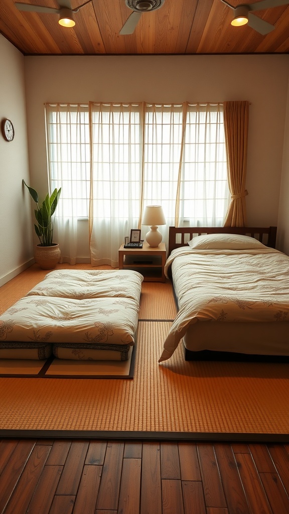 A Japanese bedroom featuring a futon on tatami mats and a Western-style bed.