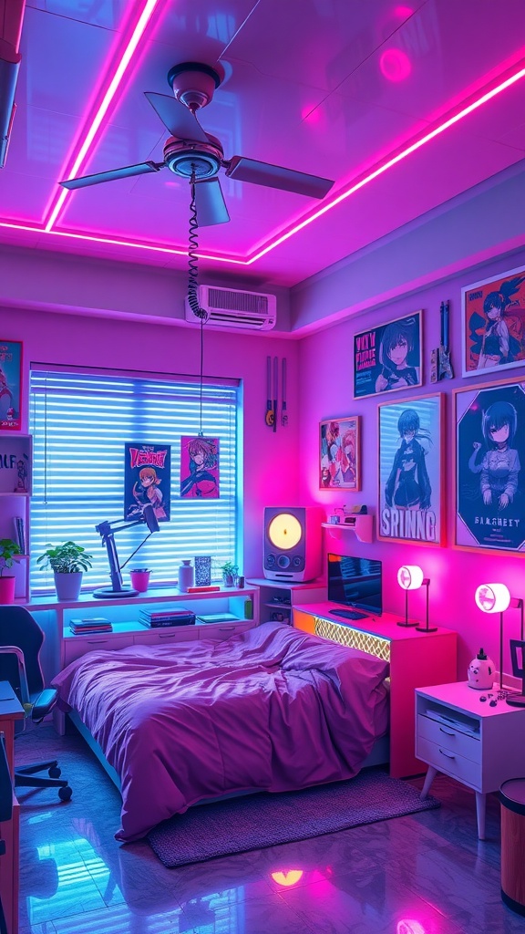 A vibrant, futuristic bedroom featuring neon lights, anime posters, and modern furniture.