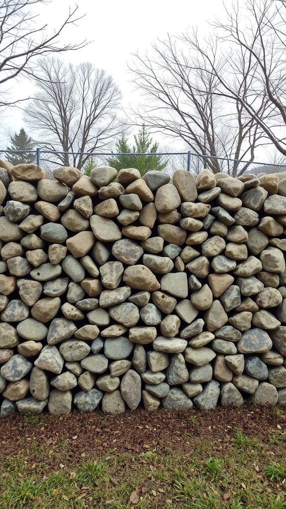 A gabion fence made of stacked stones providing privacy in a garden setting.