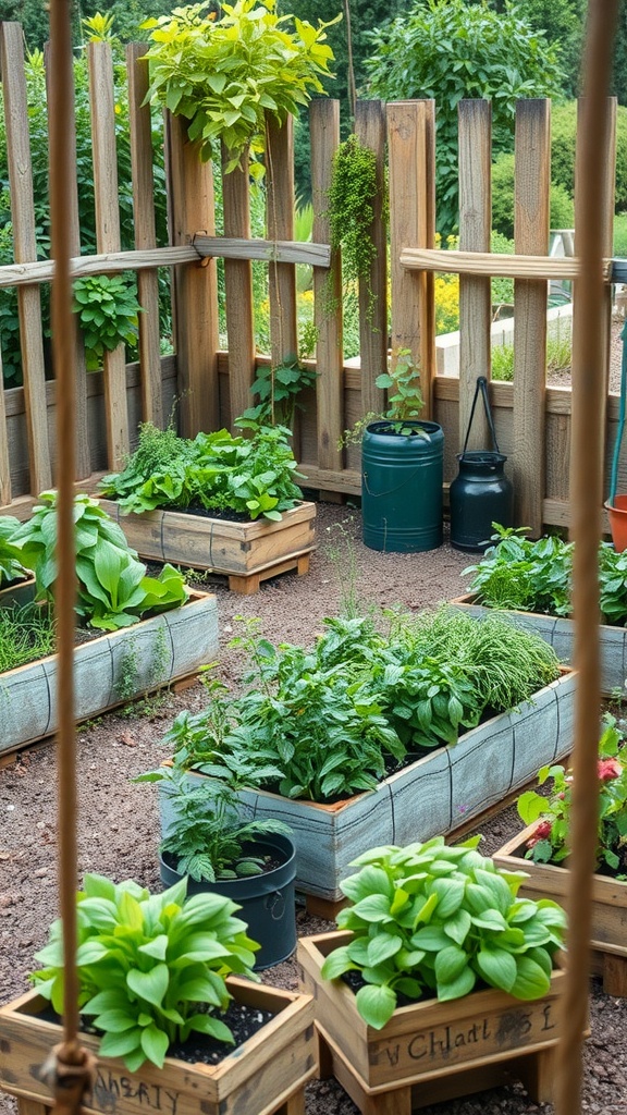 A vibrant gabion herb garden featuring various green plants and herbs in wooden beds.