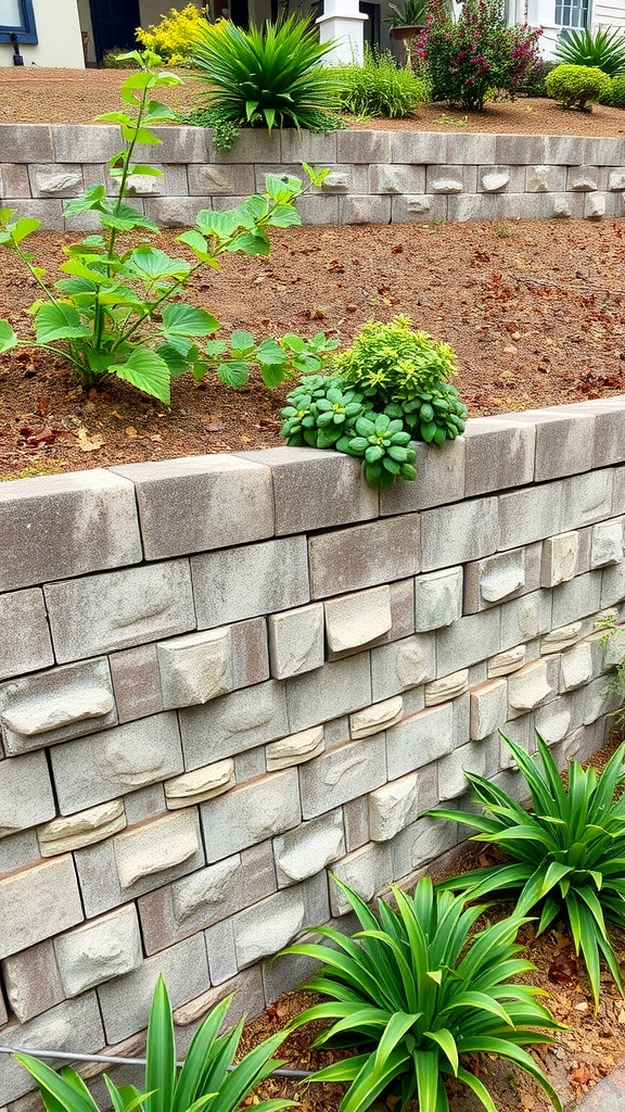 Gabion retaining wall with plants in a garden setting