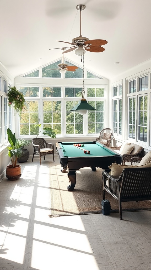 A bright game room featuring a pool table and wicker chairs, surrounded by large windows