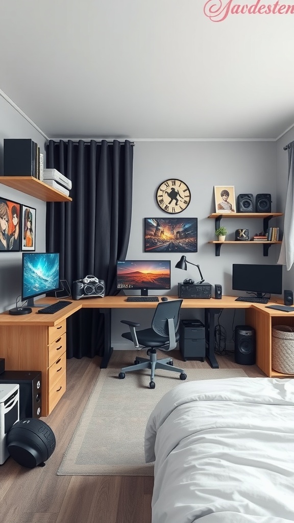 A well-designed gaming corner with multiple monitors, anime artwork, and organized shelves.