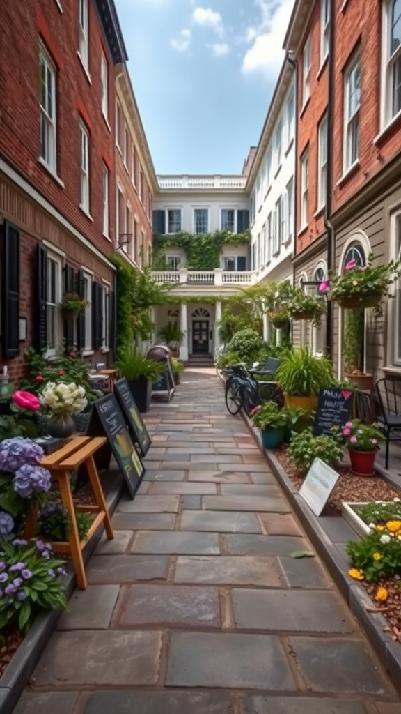 A picturesque garden pathway flanked by colorful plants and flowers, leading to a bright courtyard with a bicycle parked nearby.