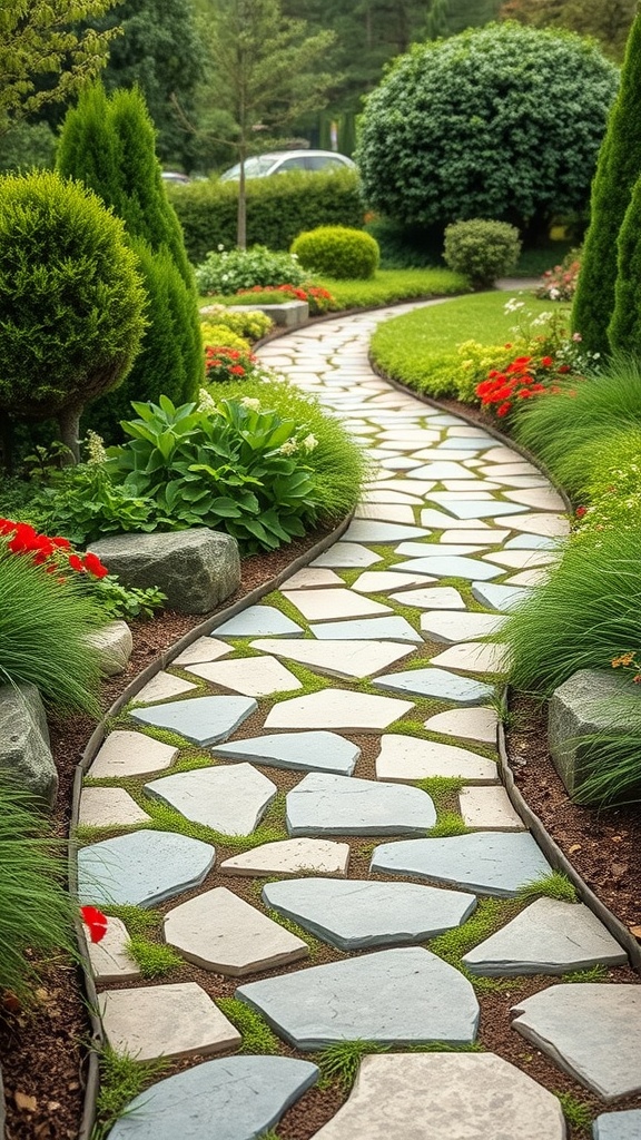 Winding stone pathway through a garden bordered by lush greenery and colorful flowers.